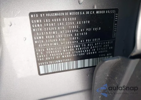 2022 Volkswagen Taos 1.5T Sel z USA, uszkodzony, nr VIN 3VV2X7B23NM075891